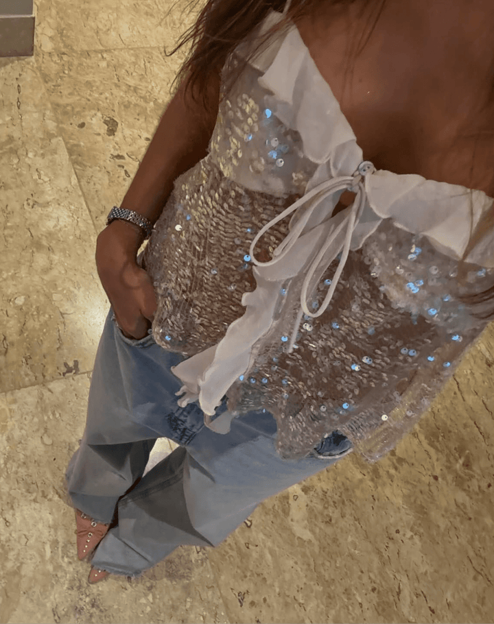 Women's Sparkly Tie Front Sleeveless White Top-Omni Prime Goods