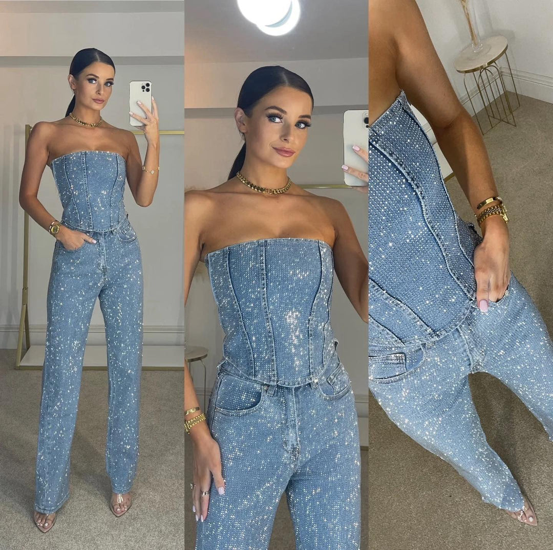 Women's Strapless Glitter Party Jumpsuit-Omni Prime Goods