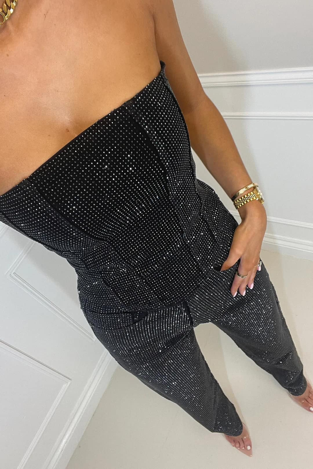 Women's Strapless Glitter Party Jumpsuit-Omni Prime Goods