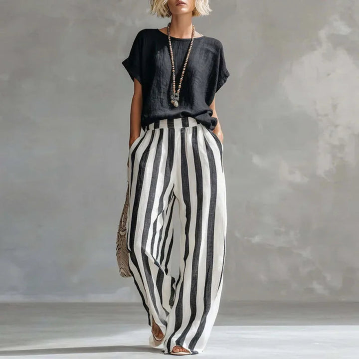 Women's Striped Boat Neck Wide Leg Two Piece Set-Omni Prime Goods
