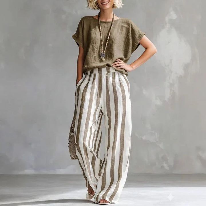 Women's Striped Boat Neck Wide Leg Two Piece Set-Omni Prime Goods