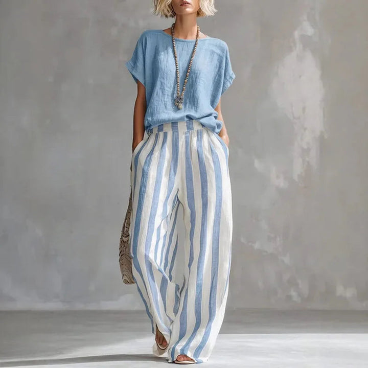 Women's Striped Boat Neck Wide Leg Two Piece Set-Omni Prime Goods