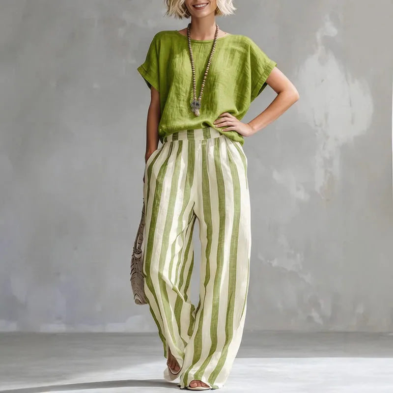 Women's Striped Boat Neck Wide Leg Two Piece Set-Omni Prime Goods