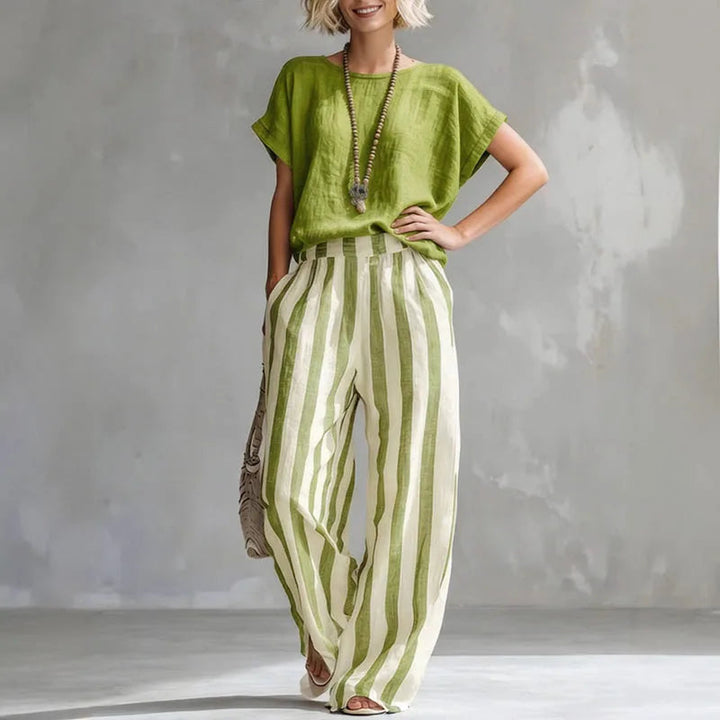 Women's Striped Boat Neck Wide Leg Two Piece Set-Omni Prime Goods
