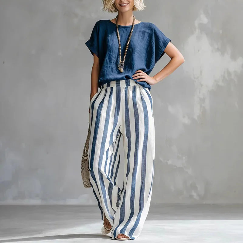Women's Striped Boat Neck Wide Leg Two Piece Set-Omni Prime Goods