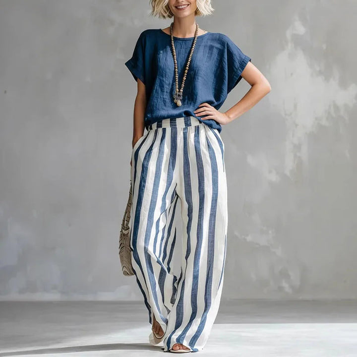 Women's Striped Boat Neck Wide Leg Two Piece Set-Omni Prime Goods