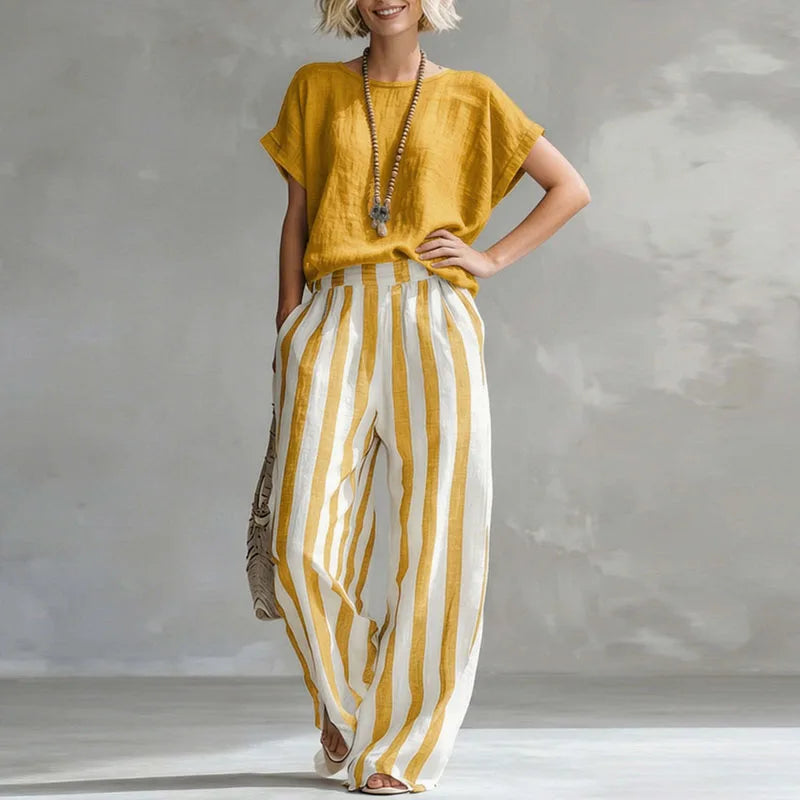 Women's Striped Boat Neck Wide Leg Two Piece Set-Omni Prime Goods