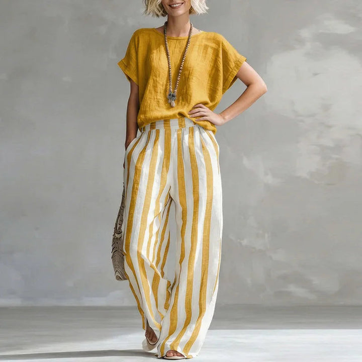 Women's Striped Boat Neck Wide Leg Two Piece Set-Omni Prime Goods