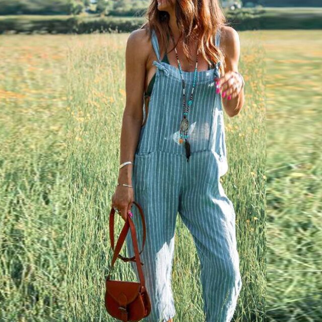 Women's Striped Sleeveless Jumpsuit with Adjustable Straps-Omni Prime Goods