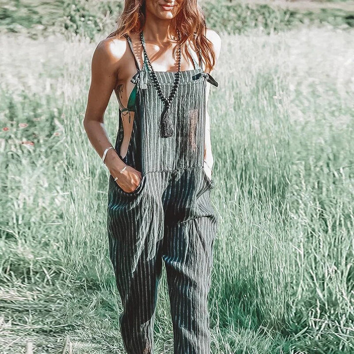 Women's Striped Sleeveless Jumpsuit with Adjustable Straps-Omni Prime Goods