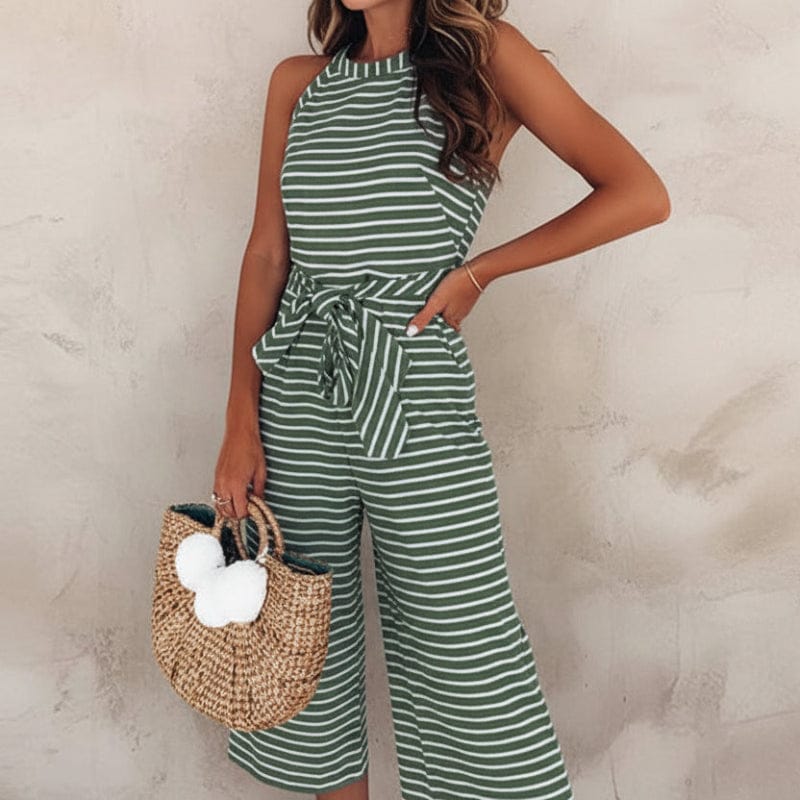 Women's Striped Wide Leg Sleeveless Jumpsuit-Omni Prime Goods