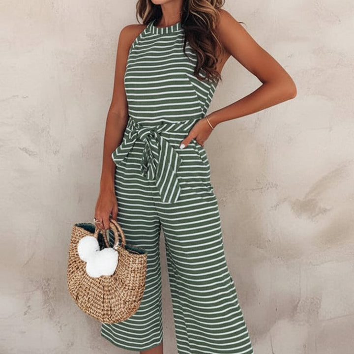 Women's Striped Wide Leg Sleeveless Jumpsuit-Omni Prime Goods