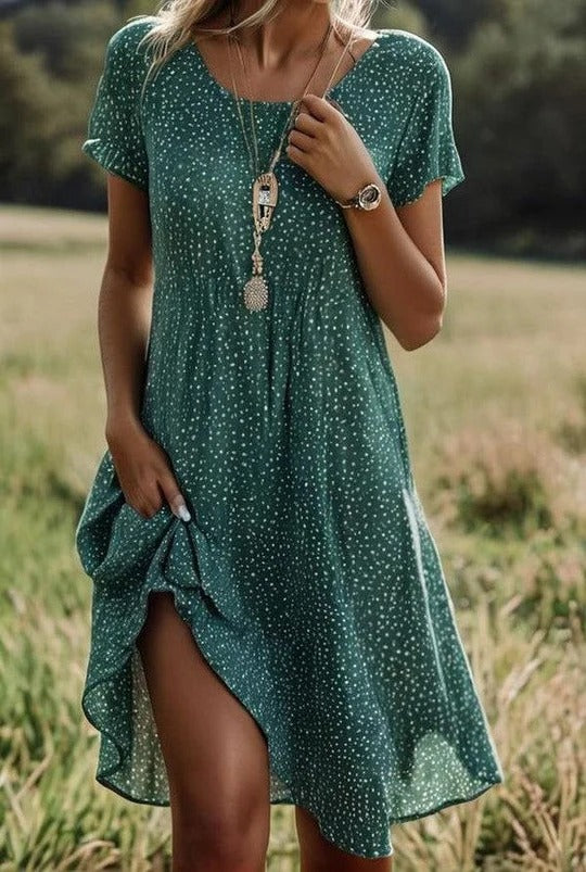 Women's Stylish Green Polka Dot Midi Dress with Short Sleeves-Omni Prime Goods