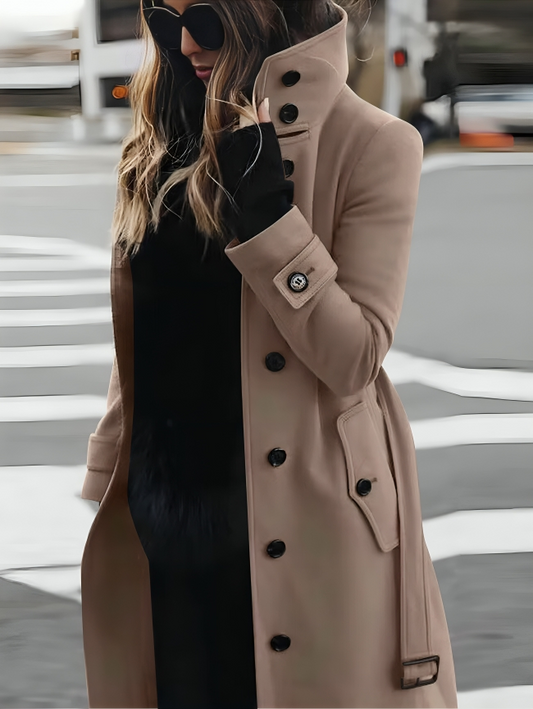 Women's Stylish Long Coat with High Collar and Tie-Belt-Omni Prime Goods