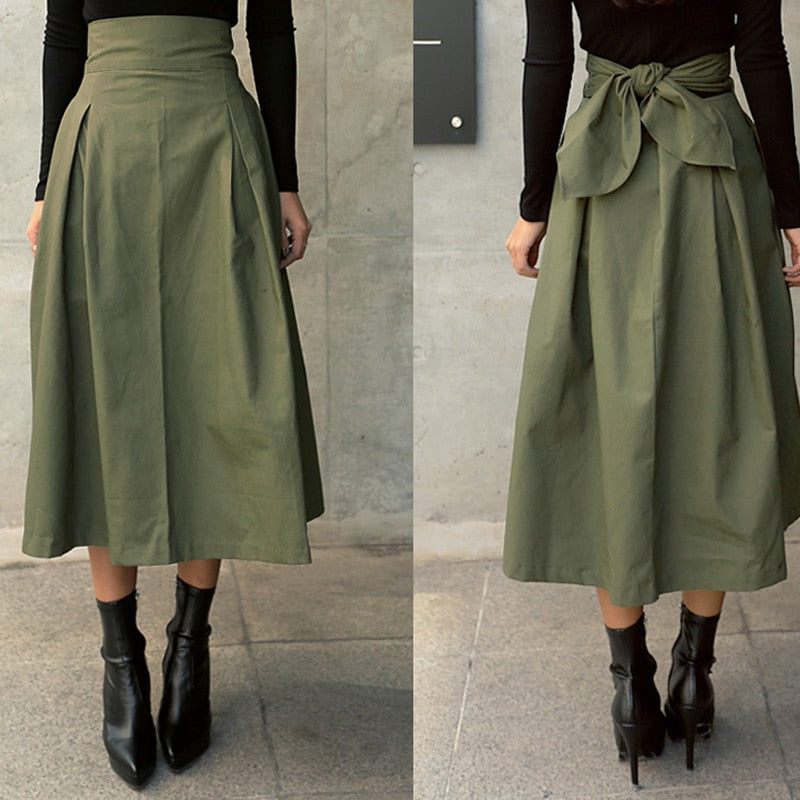 Women's Summer Midi Skirt with Pockets and Adjustable Tie Waist-Omni Prime Goods