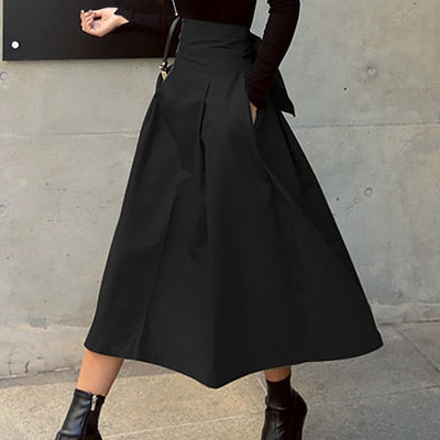 Women's Summer Midi Skirt with Pockets and Adjustable Tie Waist-Omni Prime Goods