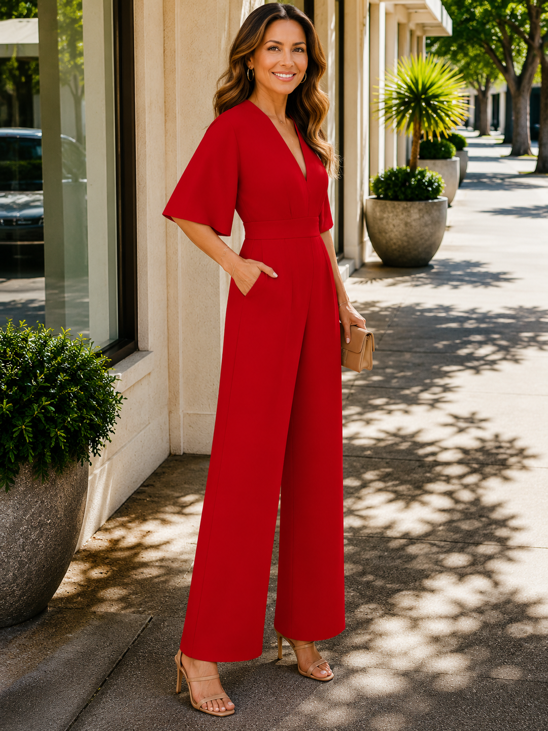 Women's V-Neck High Waist Flowy Jumpsuit-Omni Prime Goods