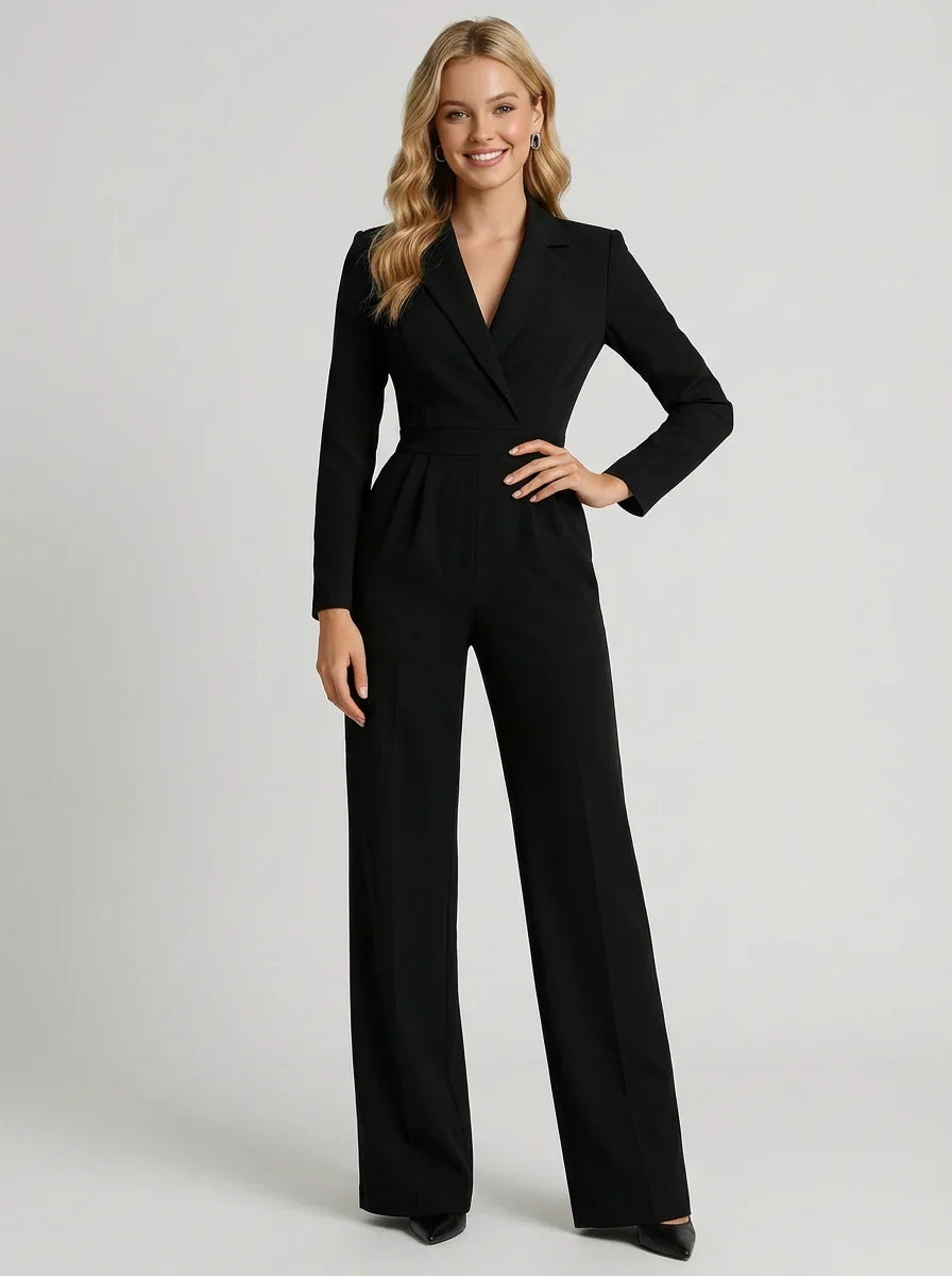 Women's V Neck Long Sleeve Wide Leg Jumpsuit-Omni Prime Goods