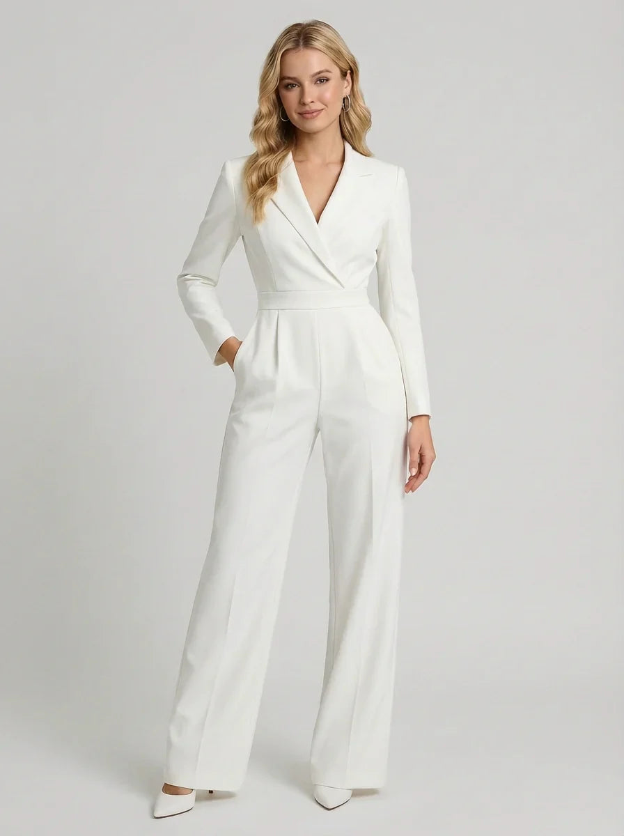 Women's V Neck Long Sleeve Wide Leg Jumpsuit-Omni Prime Goods