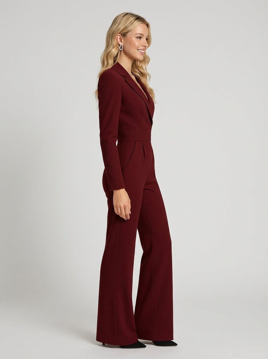 Women's V Neck Long Sleeve Wide Leg Jumpsuit-Omni Prime Goods