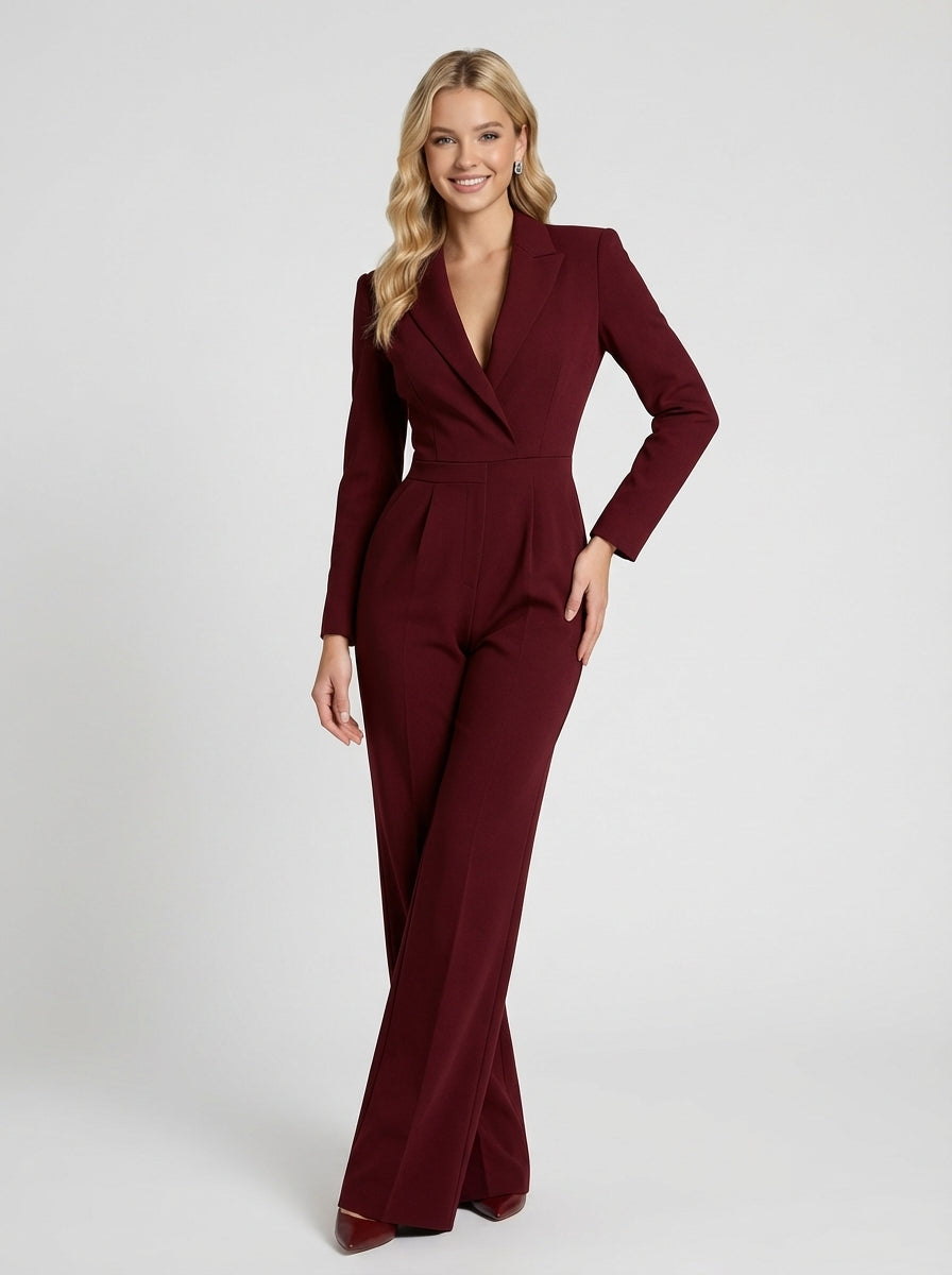 Women's V Neck Long Sleeve Wide Leg Jumpsuit-Omni Prime Goods
