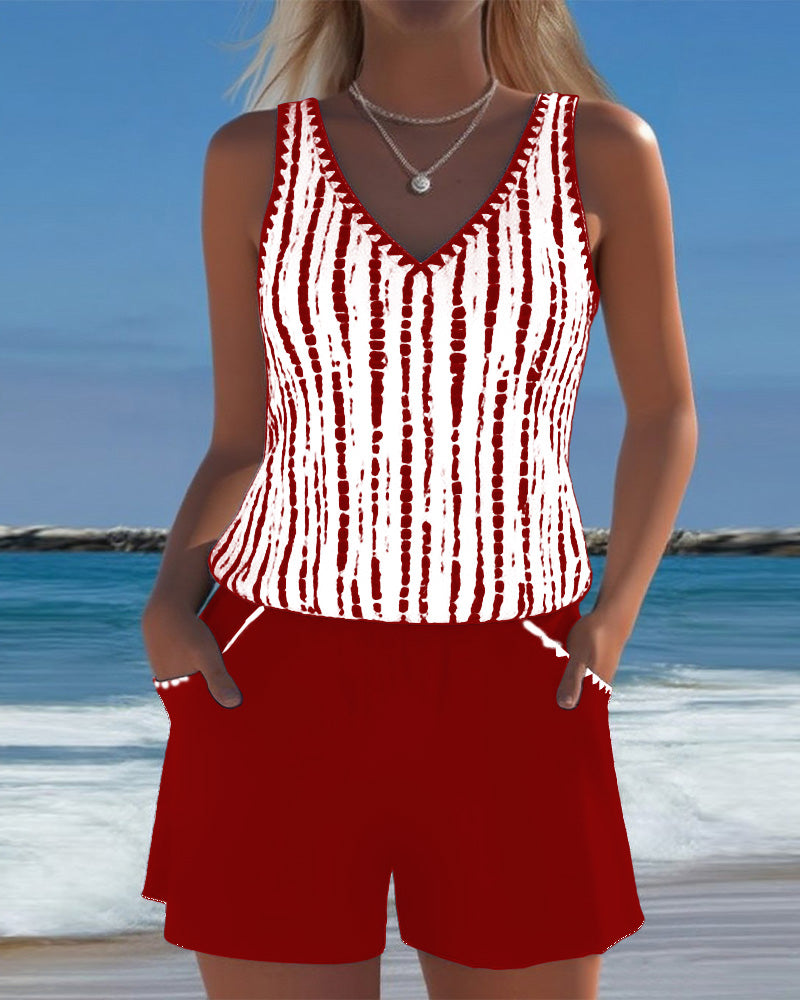 Women's Vertical Stripe V Neck Two Piece Swim Set-Omni Prime Goods