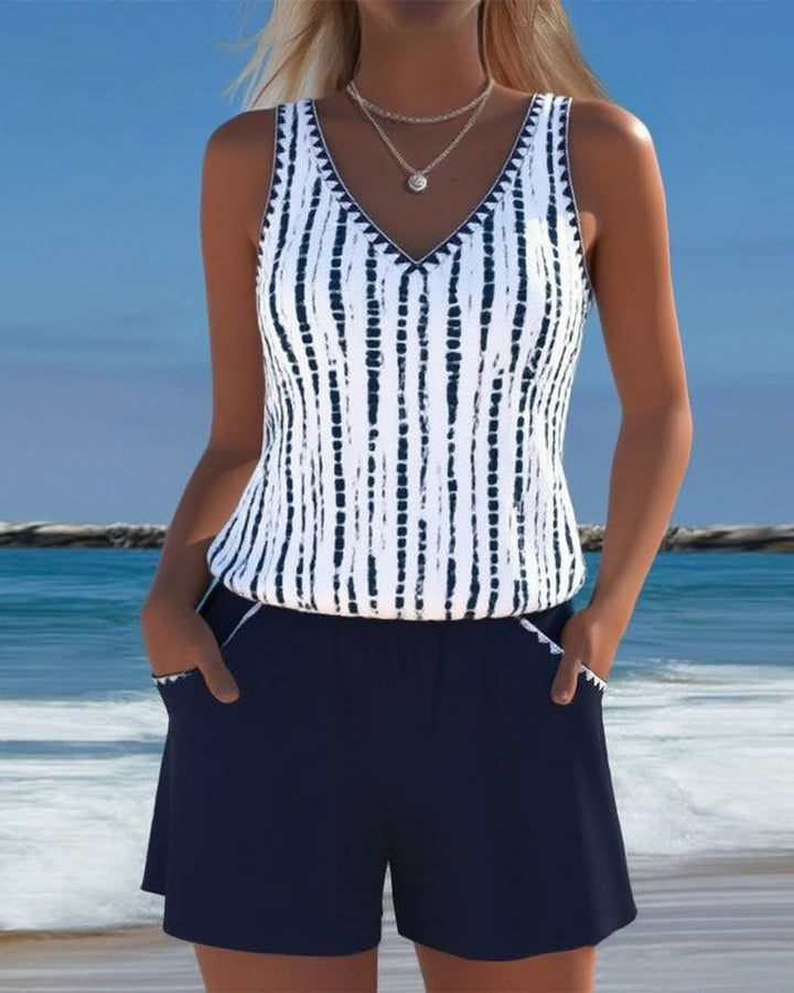 Women's Vertical Stripe V Neck Two Piece Swim Set-Omni Prime Goods