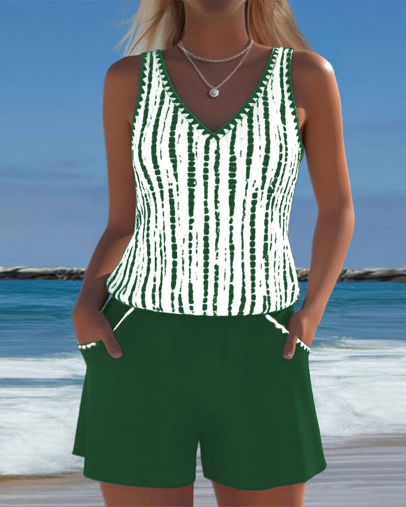 Women's Vertical Stripe V Neck Two Piece Swim Set-Omni Prime Goods