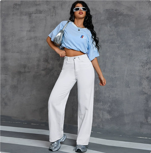 Women's Wide Leg High Waist Casual Denim Trousers-Omni Prime Goods