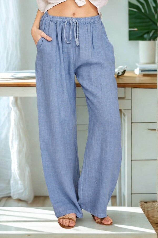 Women's Wide-Leg Linen Trousers with Adjustable Drawstring Waist-Omni Prime Goods