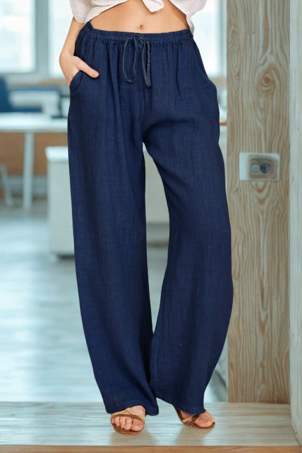 Women's Wide-Leg Linen Trousers with Adjustable Drawstring Waist-Omni Prime Goods
