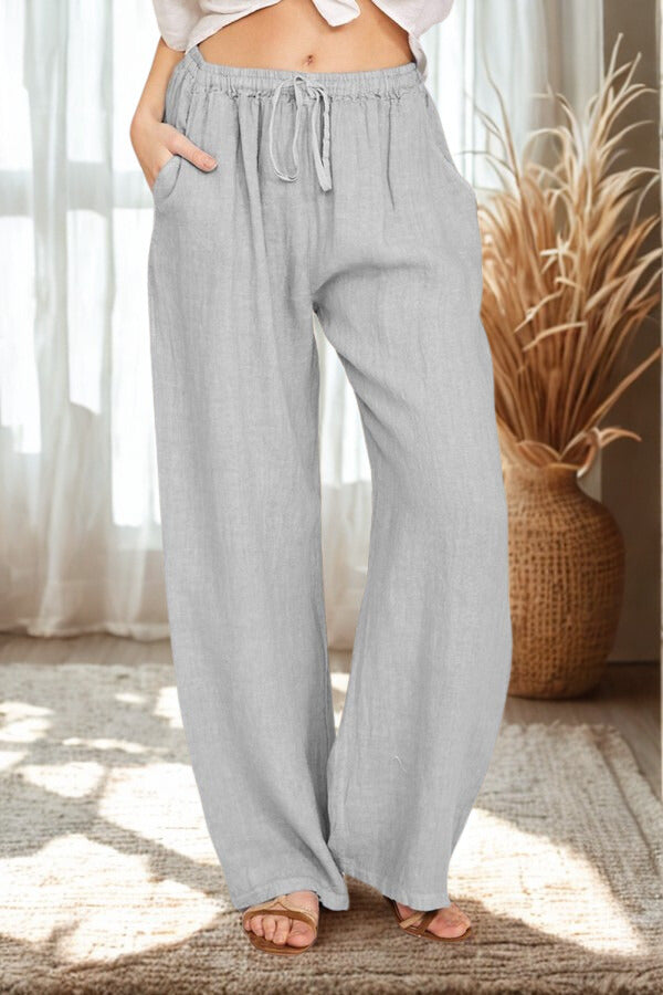 Women's Wide-Leg Linen Trousers with Adjustable Drawstring Waist-Omni Prime Goods