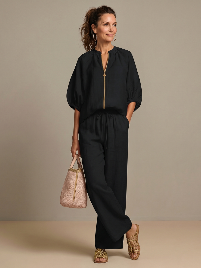 Women's Wide Leg Zip Front Two Piece Outfit-Omni Prime Goods