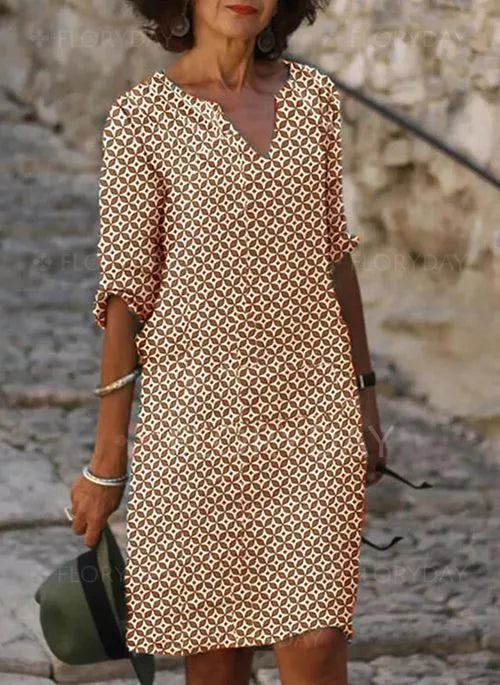 Gerda | Women's Vintage Summer Dress with Split Neckline & 3/4 Sleeves