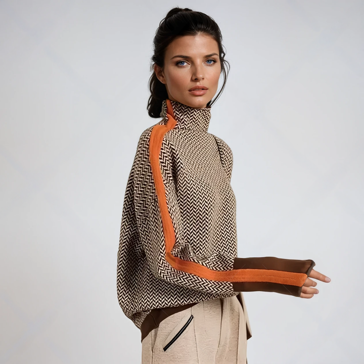 Women's High-neck Striped Sweater with Contrast Design