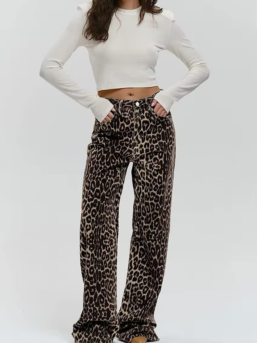 Amanda | Women's High-Waisted Leopard Print Wide-Leg Pants