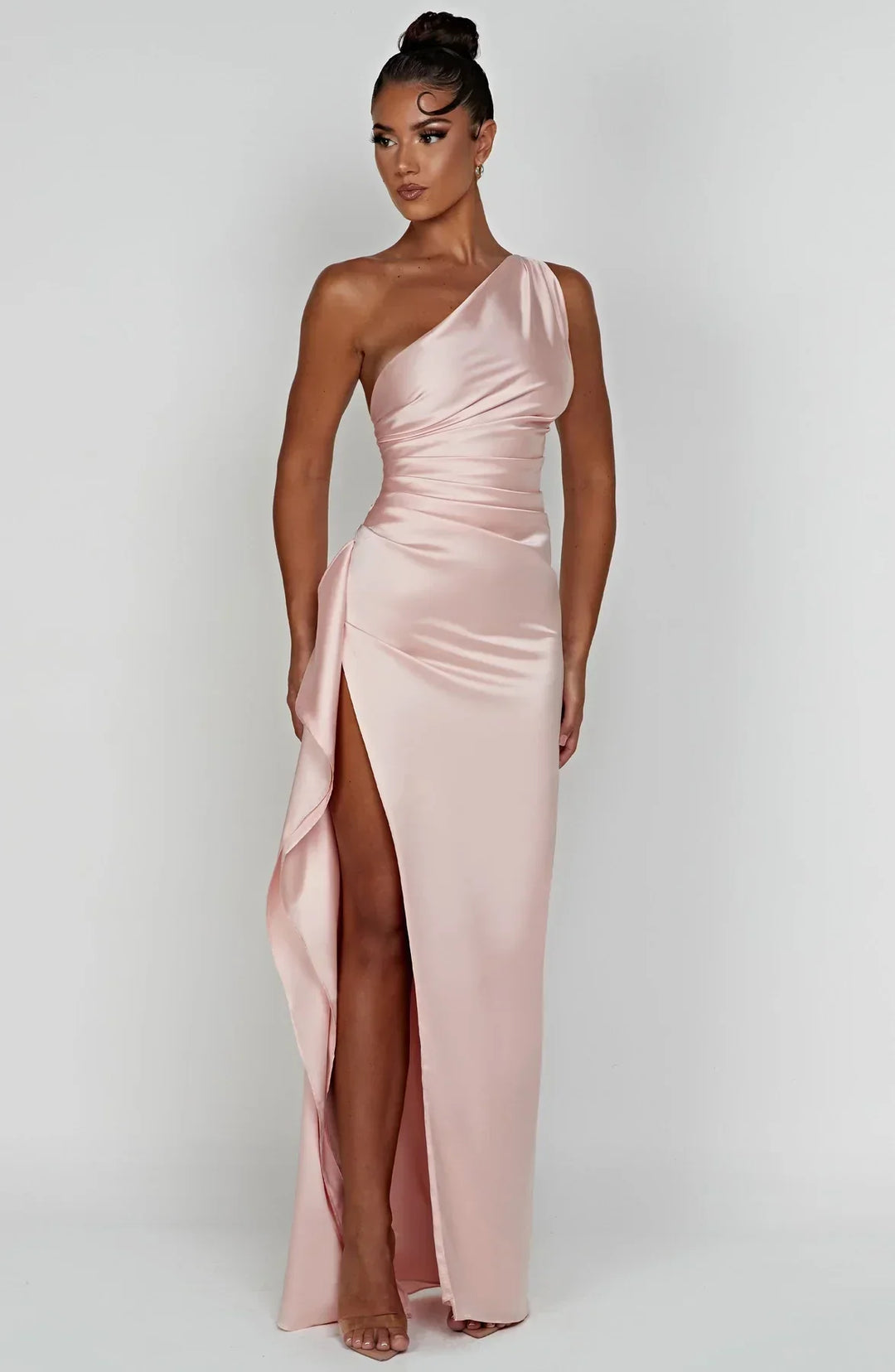 Women's One Shoulder Pleated Satin Dress with Split