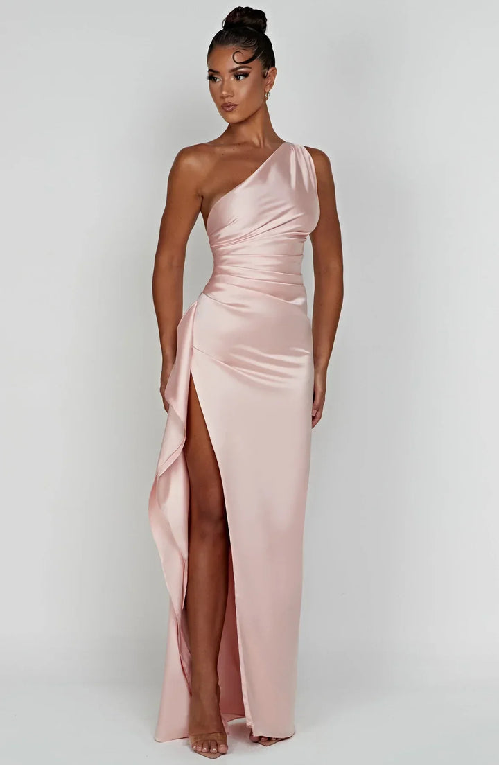Women's One Shoulder Pleated Satin Dress with Split