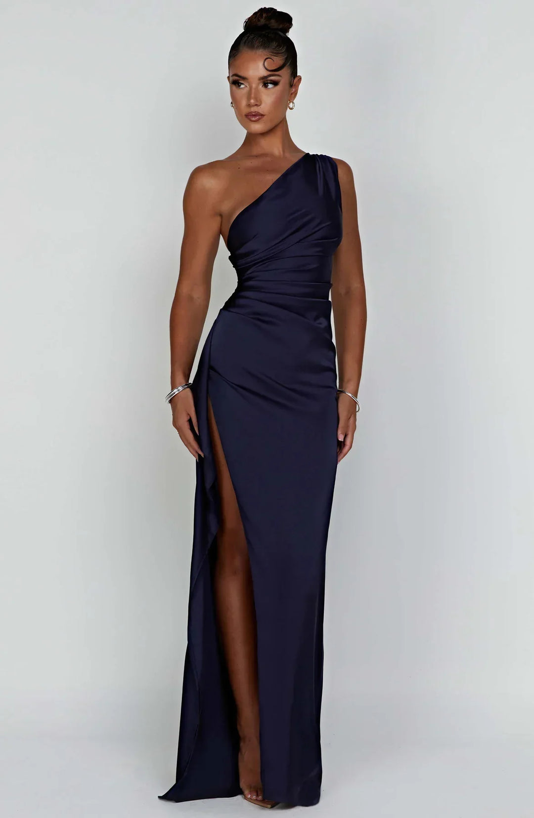 Women's One Shoulder Pleated Satin Dress with Split