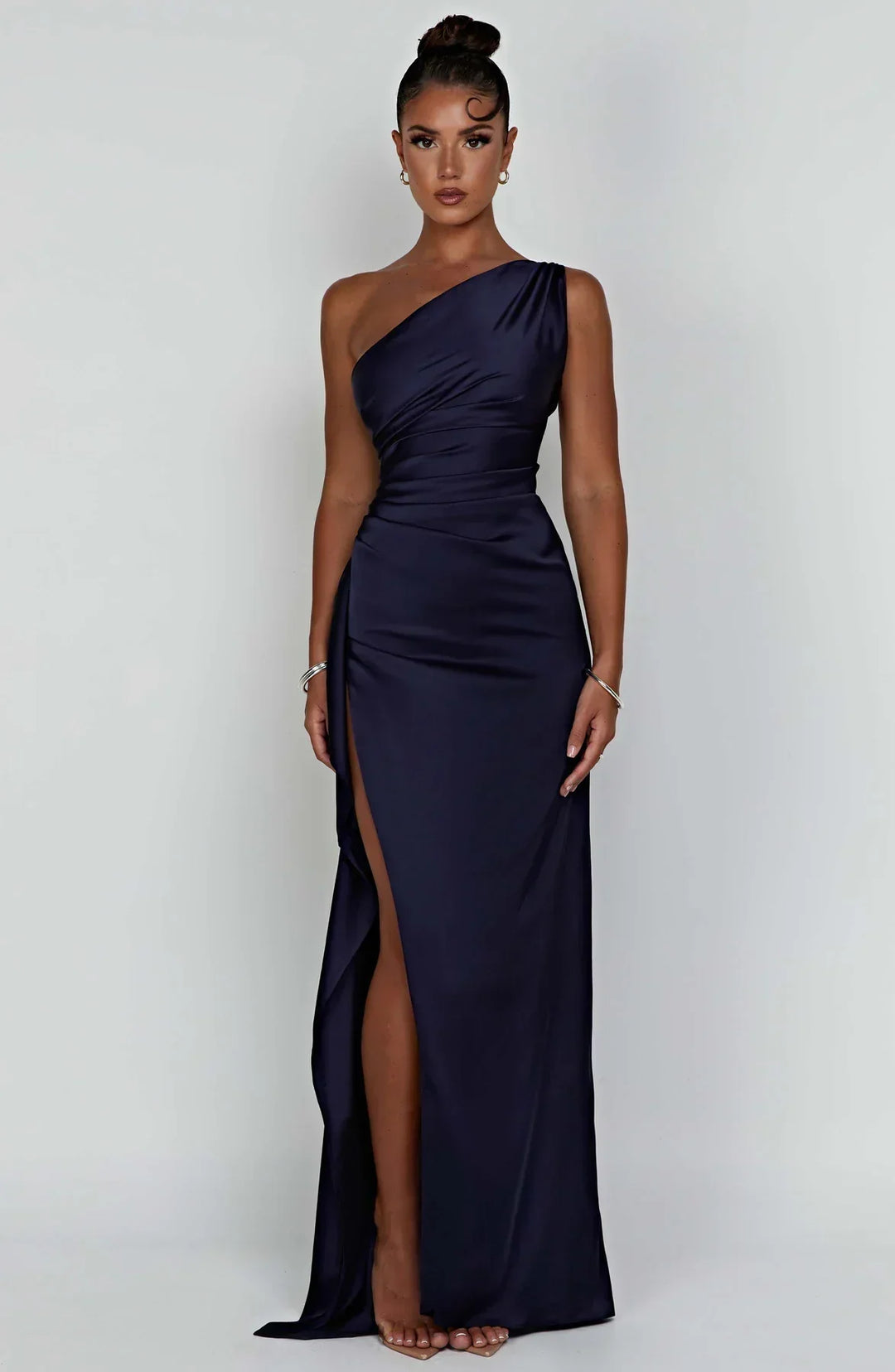 Women's One Shoulder Pleated Satin Dress with Split