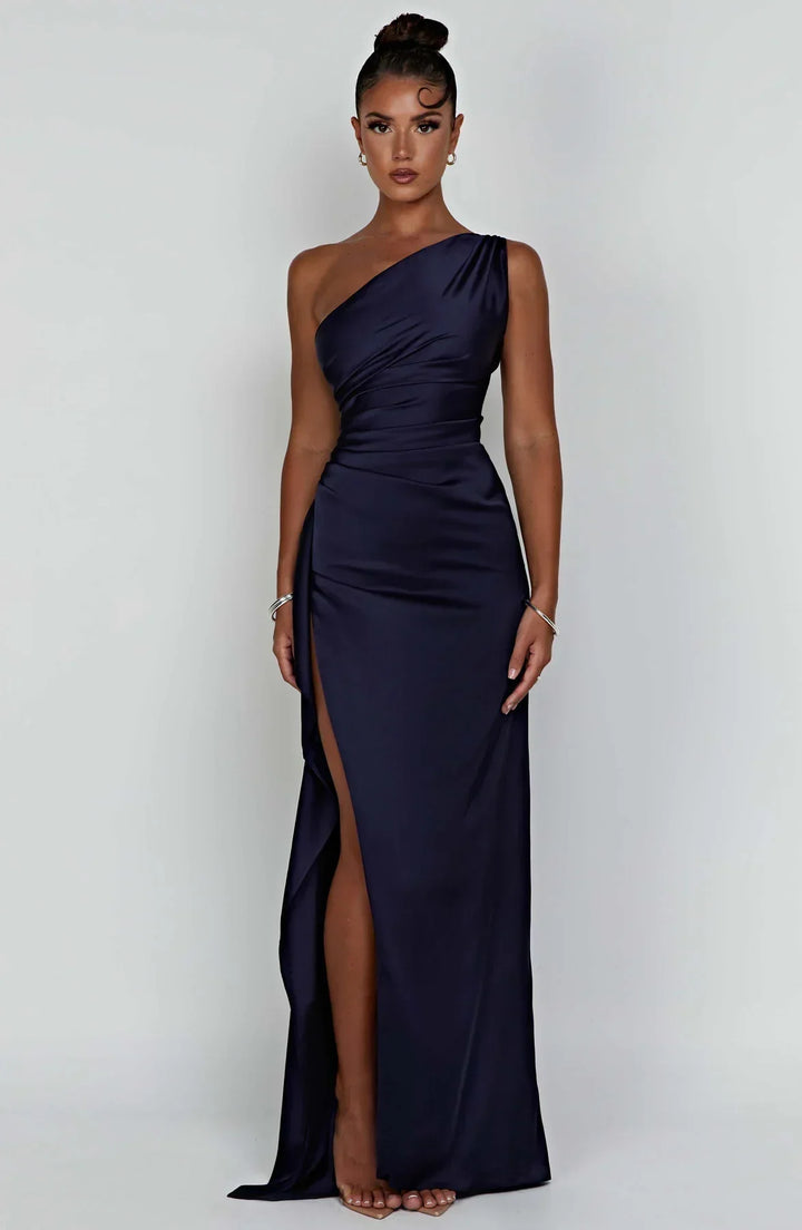 Women's One Shoulder Pleated Satin Dress with Split