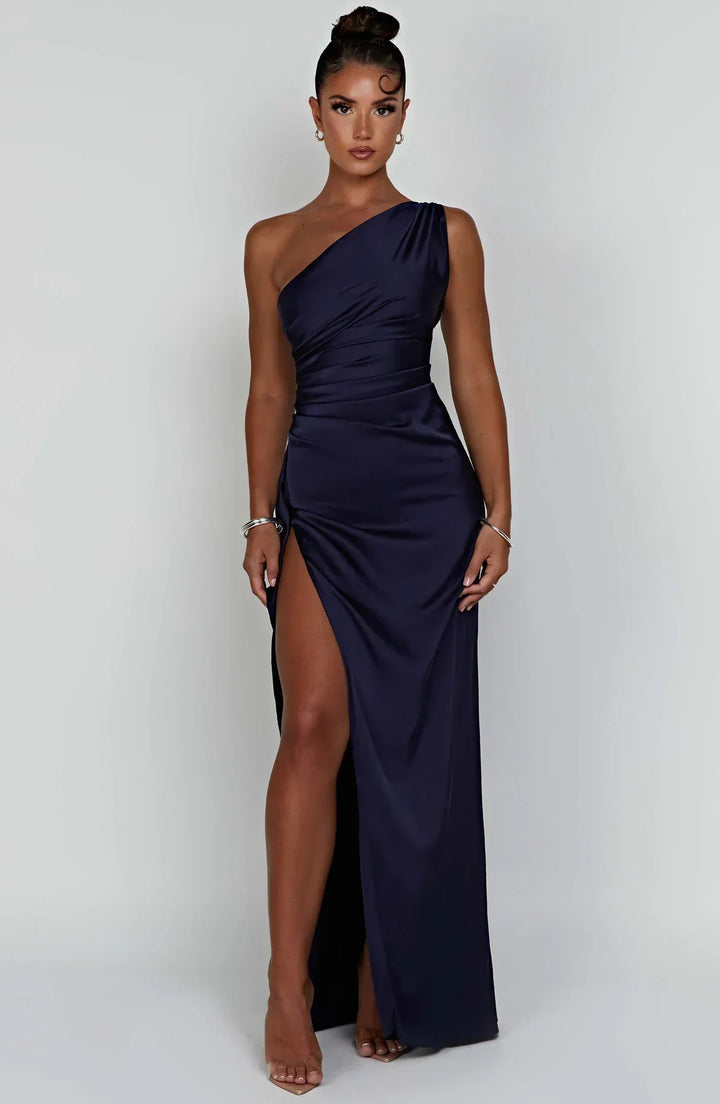 Women's One Shoulder Pleated Satin Dress with Split