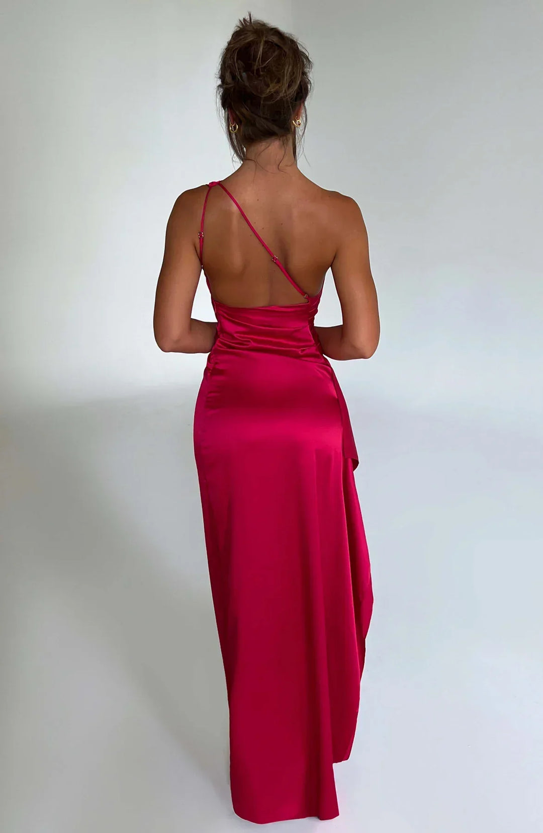 Women's One Shoulder Pleated Satin Dress with Split