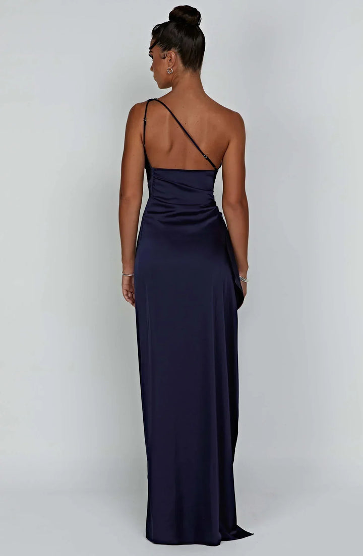 Women's One Shoulder Pleated Satin Dress with Split