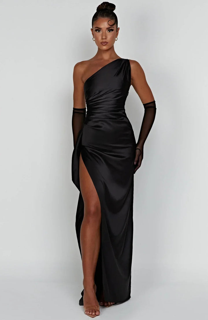 Women's One Shoulder Pleated Satin Dress with Split