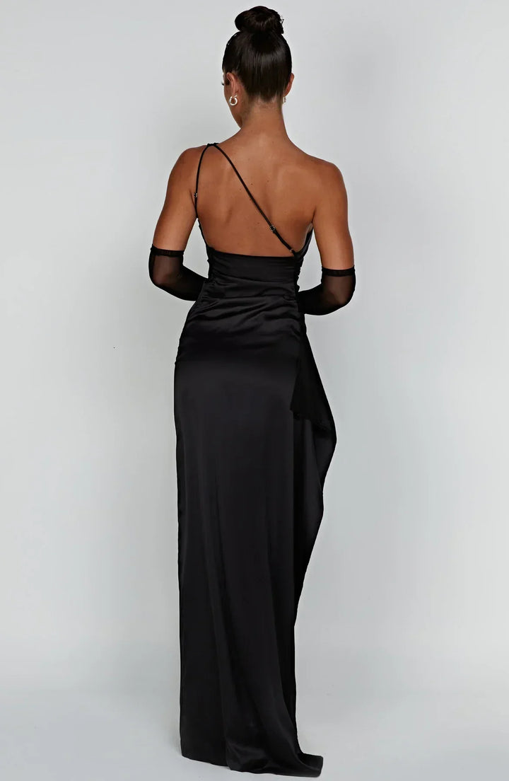 Women's One Shoulder Pleated Satin Dress with Split