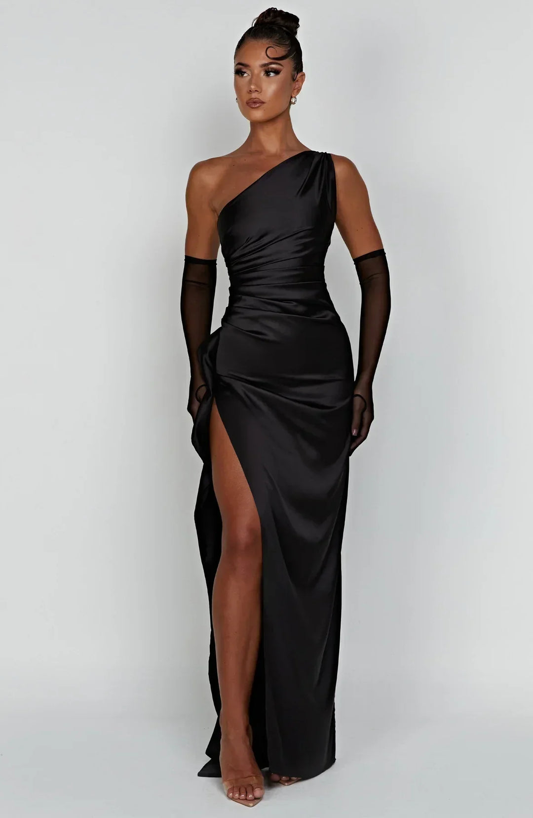 Women's One Shoulder Pleated Satin Dress with Split