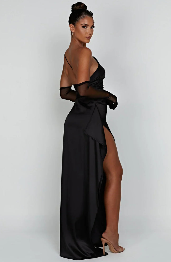 Women's One Shoulder Pleated Satin Dress with Split