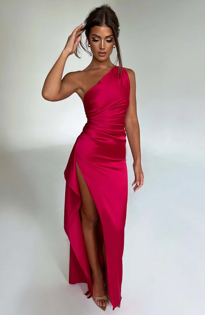 Women's One Shoulder Pleated Satin Dress with Split