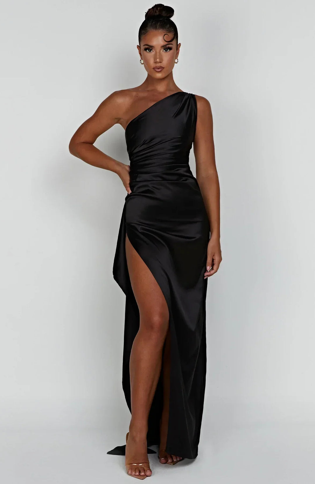 Women's One Shoulder Pleated Satin Dress with Split